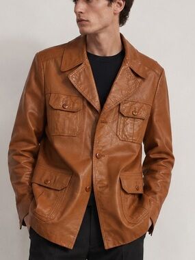 Vintage Europe Craft Import 100% Leather Safari Utility Jacket Brown Size 40